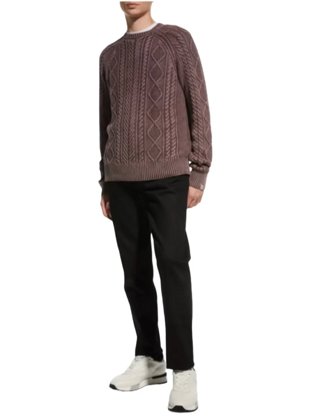 rag & bone Mens Dexter Aran Cable Knit Crewneck Sweater Mauve Medium Luxe Preppy